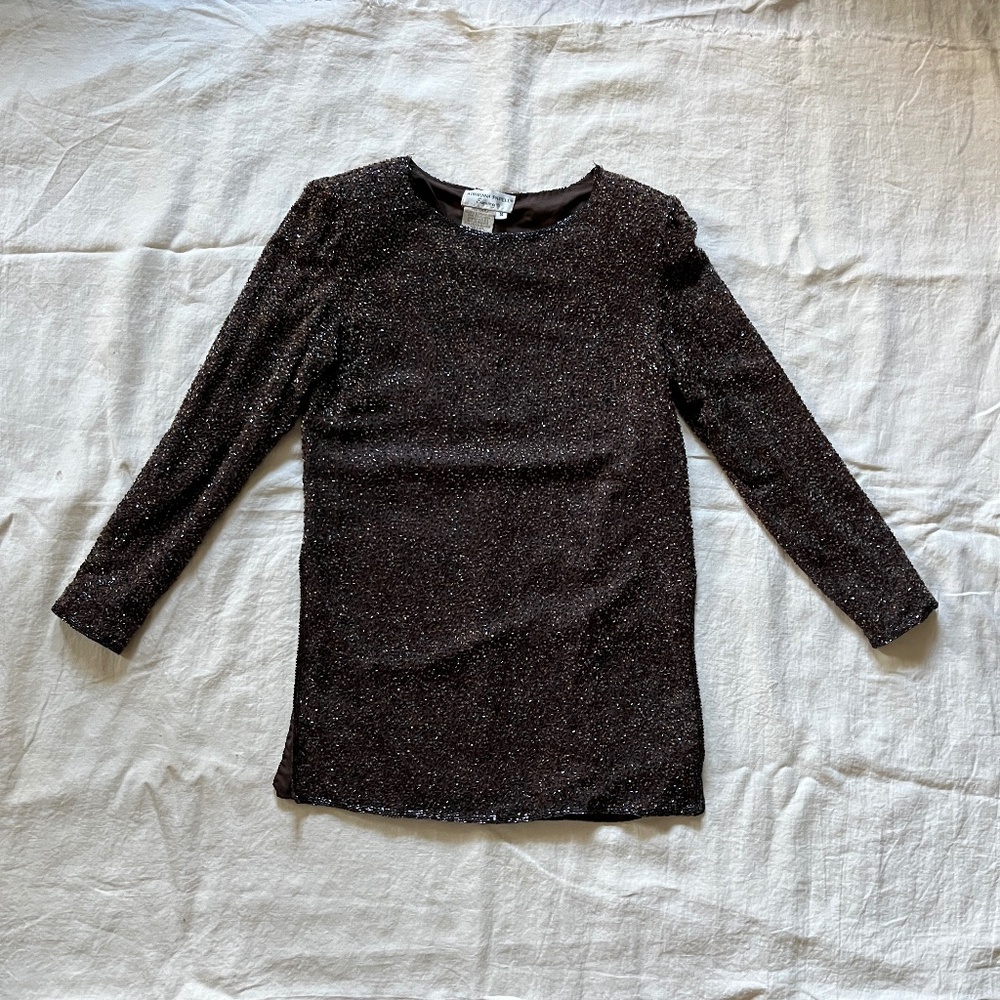 Vintage Fully Beaded Long Sleeve Blouse Top Brown Dark Glam Silk